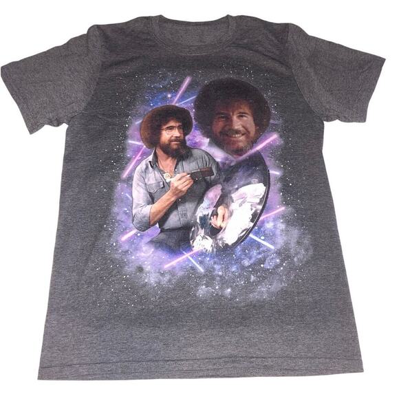 Bob Ross T Shirt Size S Dark Gray Galaxy Themed Purple Light Saber Unisex - Picture 1 of 5